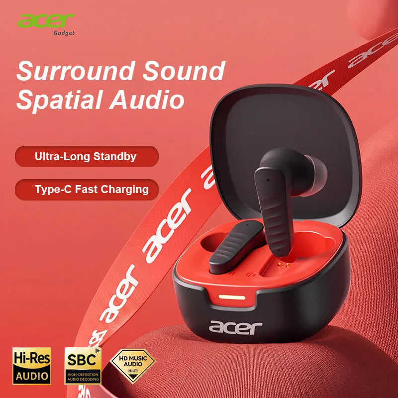 Acer Premium Wireless Earbuds, Spatial Audio with Surround Sound, Long Battery Life, Smart Call Noise Cancellation, Low Latency for Gaming/Tv, Type-C Fast Charging, Earbuds Wireless Headphones Bluetooth Audifonos Bluetooth Sync Game Headset Headphone