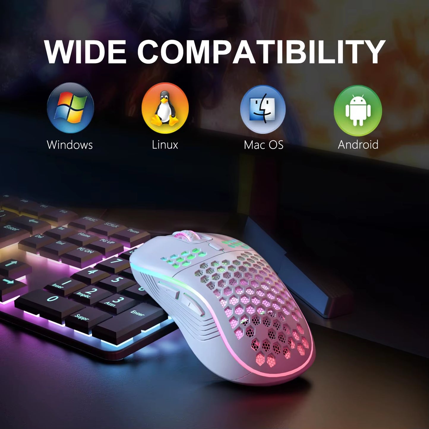 Wireless RGB Backlit Gaming Mouse with Ergonomic Honeycomb Design, 6 Buttons, 3-Speed DPI, and Type C Rechargeable Connectivity
