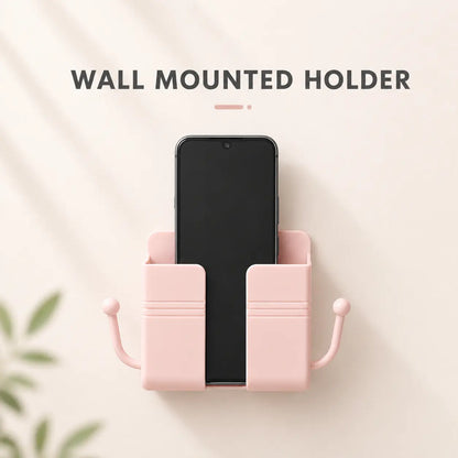 Pink Self-Adhesive Wall-Mounted Phone and Remote Control Organizer - No-Drill Multifunctional Storage Rack for Bedrooms, Bathrooms, and Kitchens; Accommodates Mobile Phones, TV/AC Remotes, Glasses, and Keys.