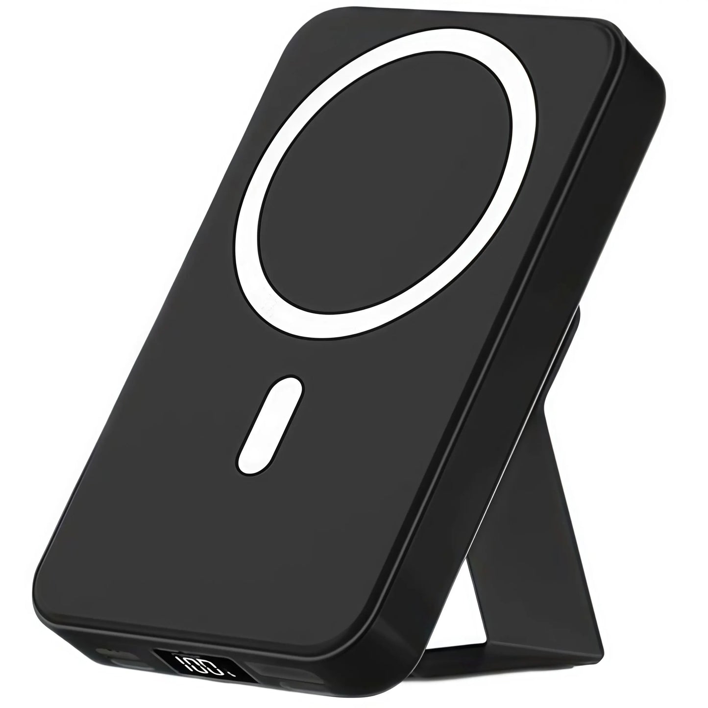 Magnetic 10,000mAh Wireless Power Bank with USB-C Cable, LED Display, and Foldable Design for iPhone 17/16/15/14/13/12/Pro/Pro Max - Compact Silicone Black