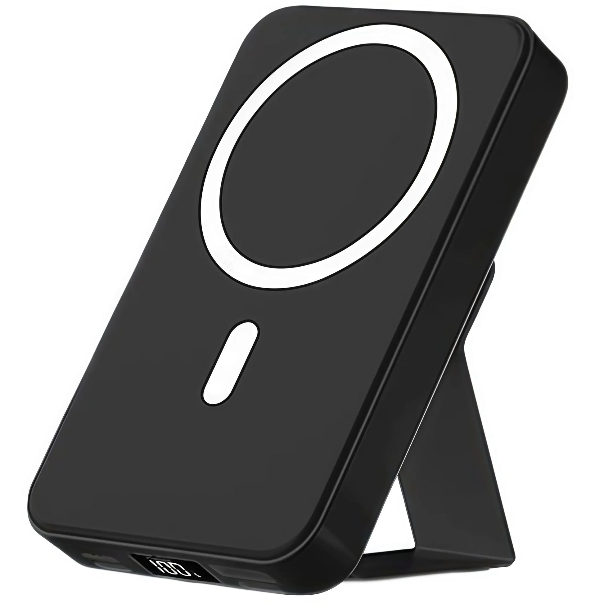 Magnetic 10,000mAh Wireless Power Bank with USB-C Cable, LED Display, and Foldable Design for iPhone 17/16/15/14/13/12/Pro/Pro Max - Compact Silicone Black