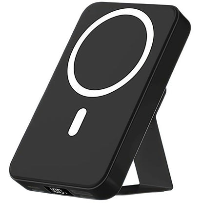 Magnetic 10,000mAh Wireless Power Bank with USB-C Cable, LED Display, and Foldable Design for iPhone 17/16/15/14/13/12/Pro/Pro Max - Compact Silicone Black