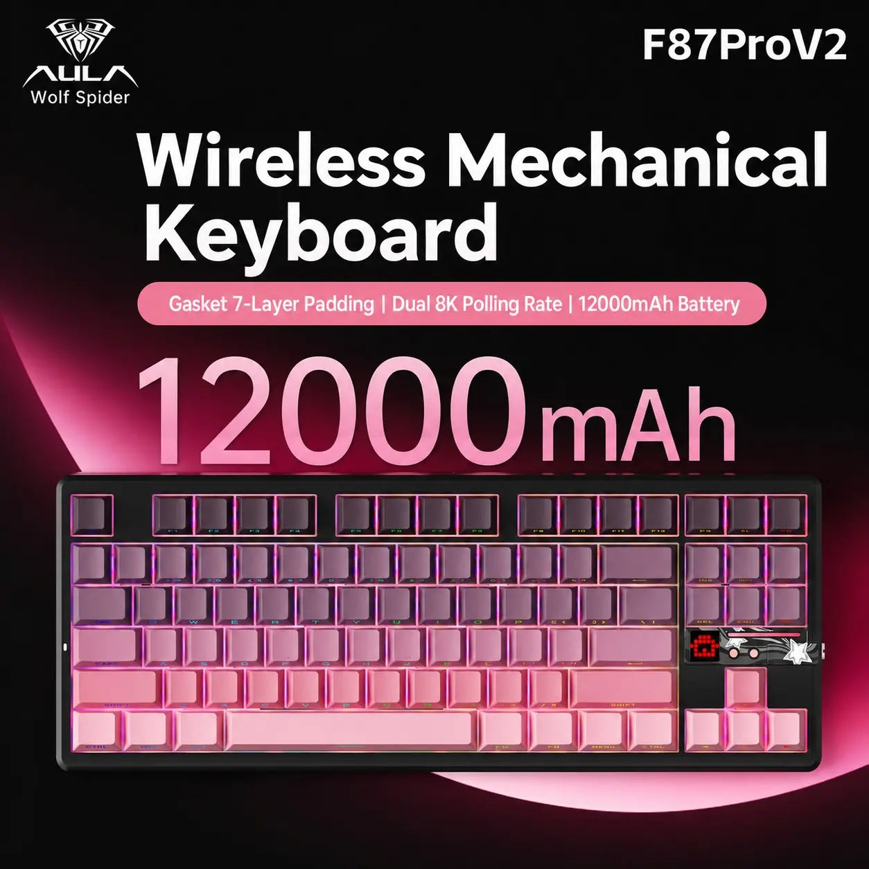Aula F87Pro V2 Gaming Keyboard, 87 Key Layout, Wired/Wireless Connection, RGB Lighting, Advanced Key Settings, Long Battery Life