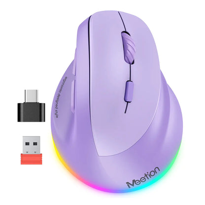 MEETION Ergonomic Mouse, Wireless Vertical Mouse RGB Backlit Rechargeable Mice for Bluetooth(5.2 + 3.0) & USB-A with USB-C Adapter 4 Adjustable DPI for Mac/Windows/Andriod/Pc/Tablet/Ipad