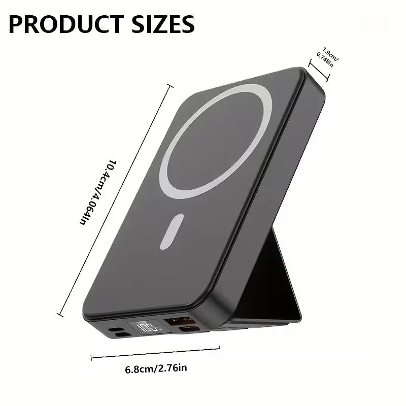 Magnetic 10,000mAh Wireless Power Bank with USB-C Cable, LED Display, and Foldable Design for iPhone 17/16/15/14/13/12/Pro/Pro Max - Compact Silicone Black