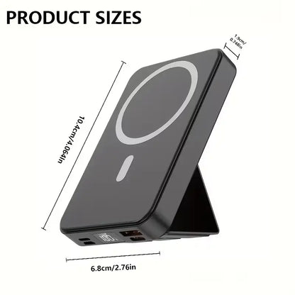 Magnetic 10,000mAh Wireless Power Bank with USB-C Cable, LED Display, and Foldable Design for iPhone 17/16/15/14/13/12/Pro/Pro Max - Compact Silicone Black