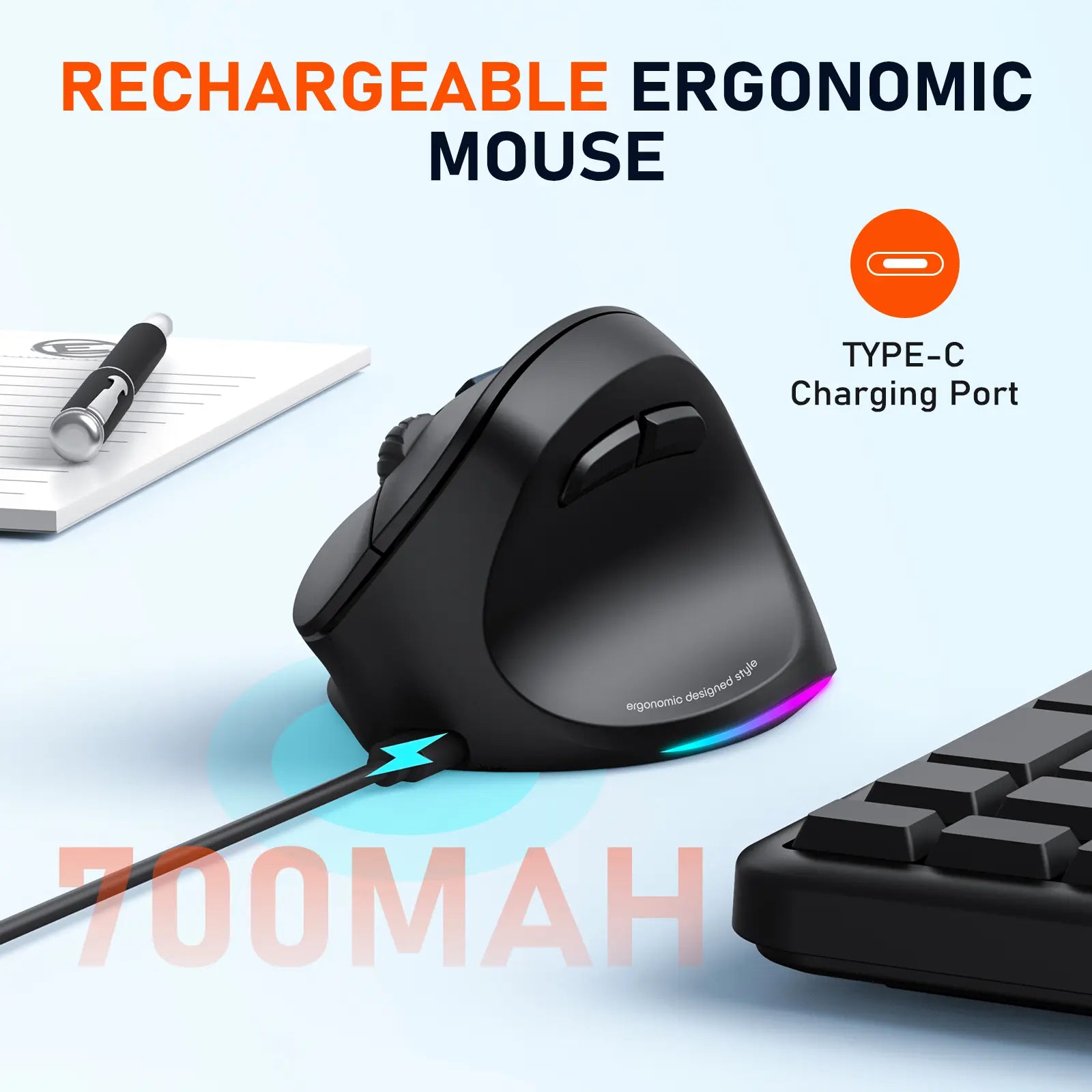 MEETION Ergonomic Mouse, Wireless Vertical Mouse RGB Backlit Rechargeable Mice for Bluetooth(5.2 + 3.0) & USB-A with USB-C Adapter 4 Adjustable DPI for Mac/Windows/Andriod/Pc/Tablet/Ipad