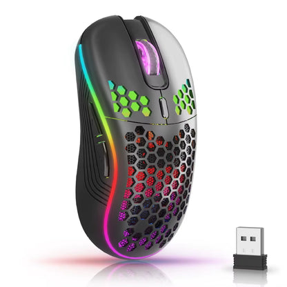 Wireless RGB Backlit Gaming Mouse with Ergonomic Honeycomb Design, 6 Buttons, 3-Speed DPI, and Type C Rechargeable Connectivity