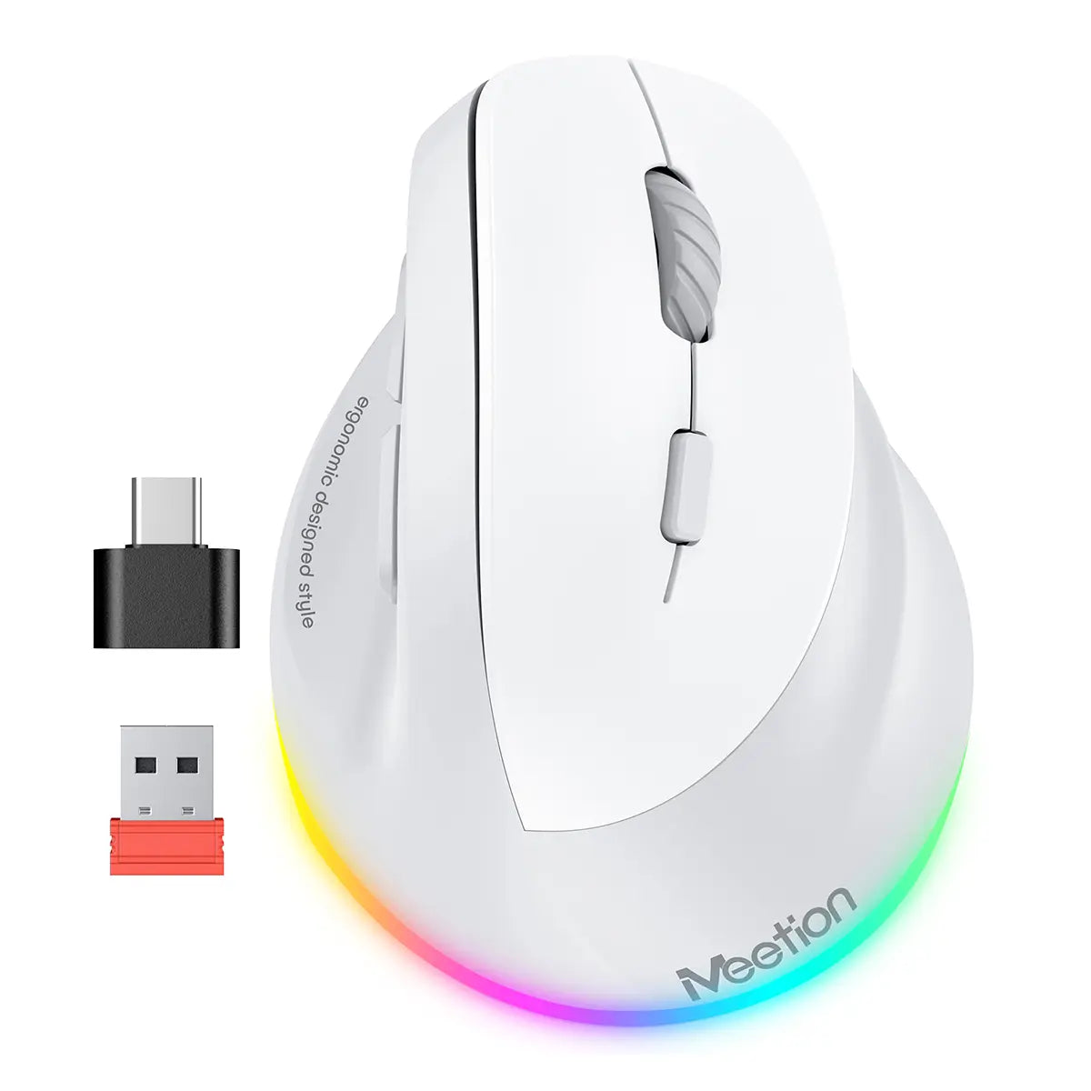 MEETION Ergonomic Mouse, Wireless Vertical Mouse RGB Backlit Rechargeable Mice for Bluetooth(5.2 + 3.0) & USB-A with USB-C Adapter 4 Adjustable DPI for Mac/Windows/Andriod/Pc/Tablet/Ipad