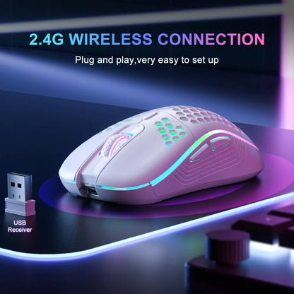Wireless RGB Backlit Gaming Mouse with Ergonomic Honeycomb Design, 6 Buttons, 3-Speed DPI, and Type C Rechargeable Connectivity