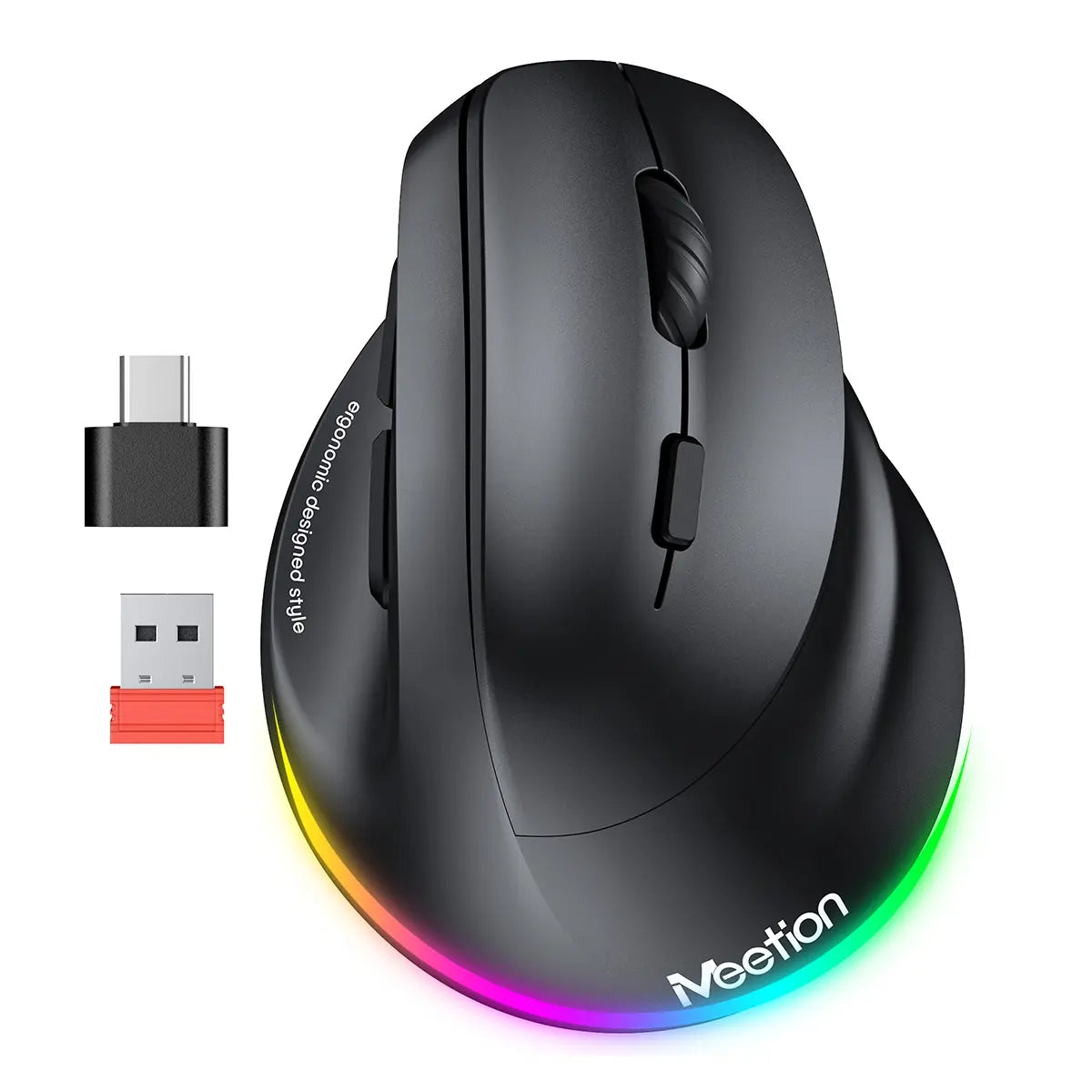 MEETION Ergonomic Mouse, Wireless Vertical Mouse RGB Backlit Rechargeable Mice for Bluetooth(5.2 + 3.0) & USB-A with USB-C Adapter 4 Adjustable DPI for Mac/Windows/Andriod/Pc/Tablet/Ipad