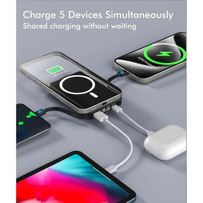 10000Mah Magsafe Magnetic Power Bank with Built-In Cables & Phone Stand｜22.5W PD Fast Charge LED Display Portable Charger for Iphone 12-17 Android Hands Free Wireless Charging Gift Smartphone Chargeable