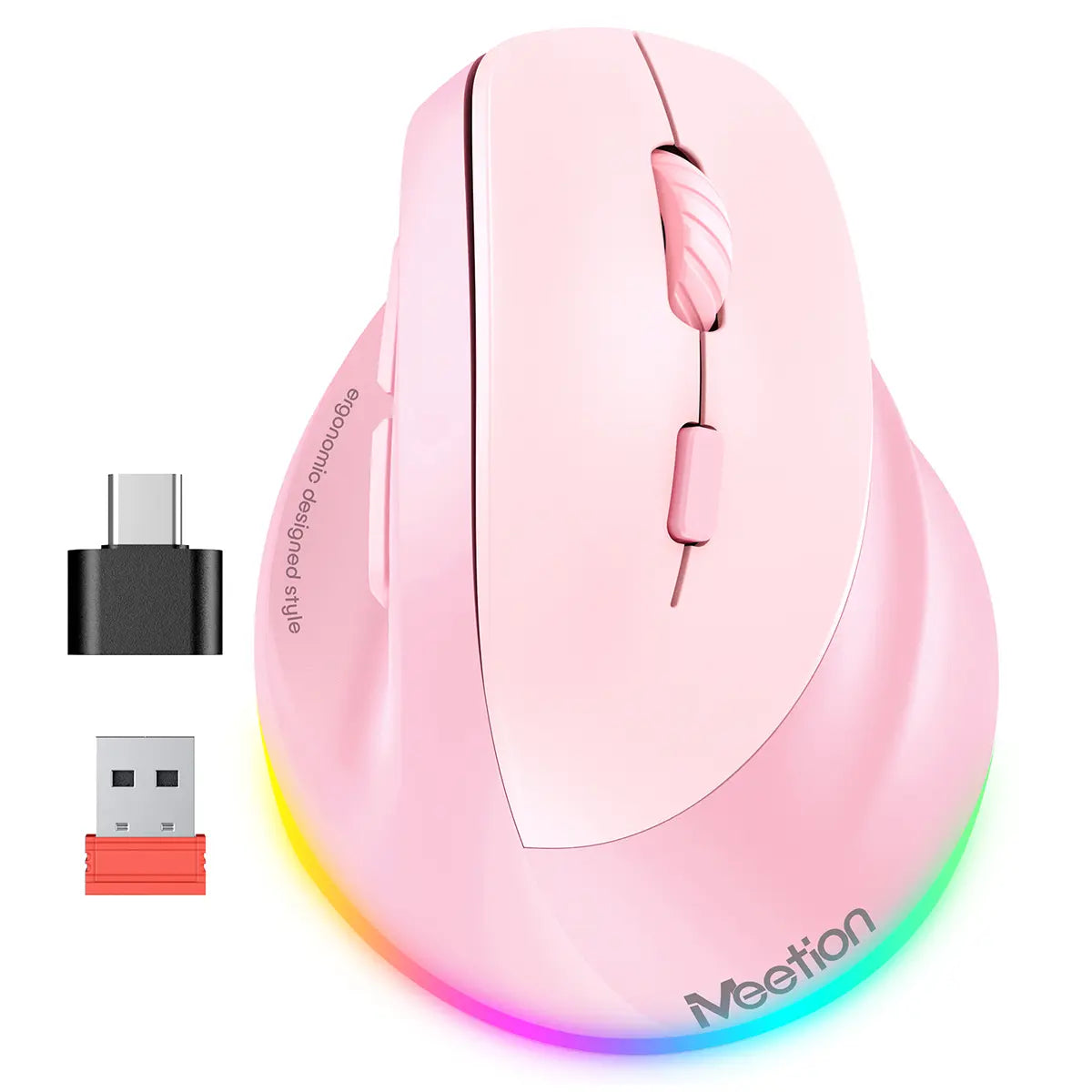 MEETION Ergonomic Mouse, Wireless Vertical Mouse RGB Backlit Rechargeable Mice for Bluetooth(5.2 + 3.0) & USB-A with USB-C Adapter 4 Adjustable DPI for Mac/Windows/Andriod/Pc/Tablet/Ipad