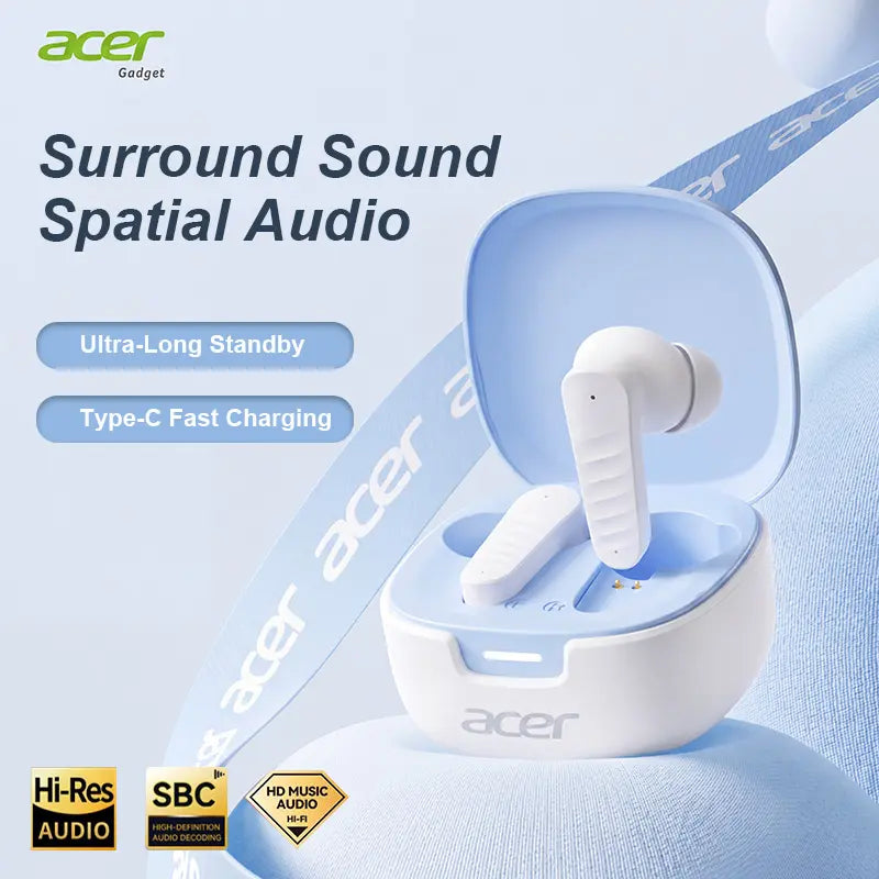 Acer Premium Wireless Earbuds, Spatial Audio with Surround Sound, Long Battery Life, Smart Call Noise Cancellation, Low Latency for Gaming/Tv, Type-C Fast Charging, Earbuds Wireless Headphones Bluetooth Audifonos Bluetooth Sync Game Headset Headphone