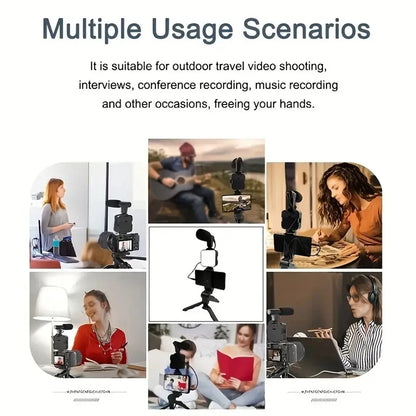Smartphone Vlogging Kit with Tripod Phone Holder Mini Microphone Fill Light Starter Handle Portable Stabilizer Bracket