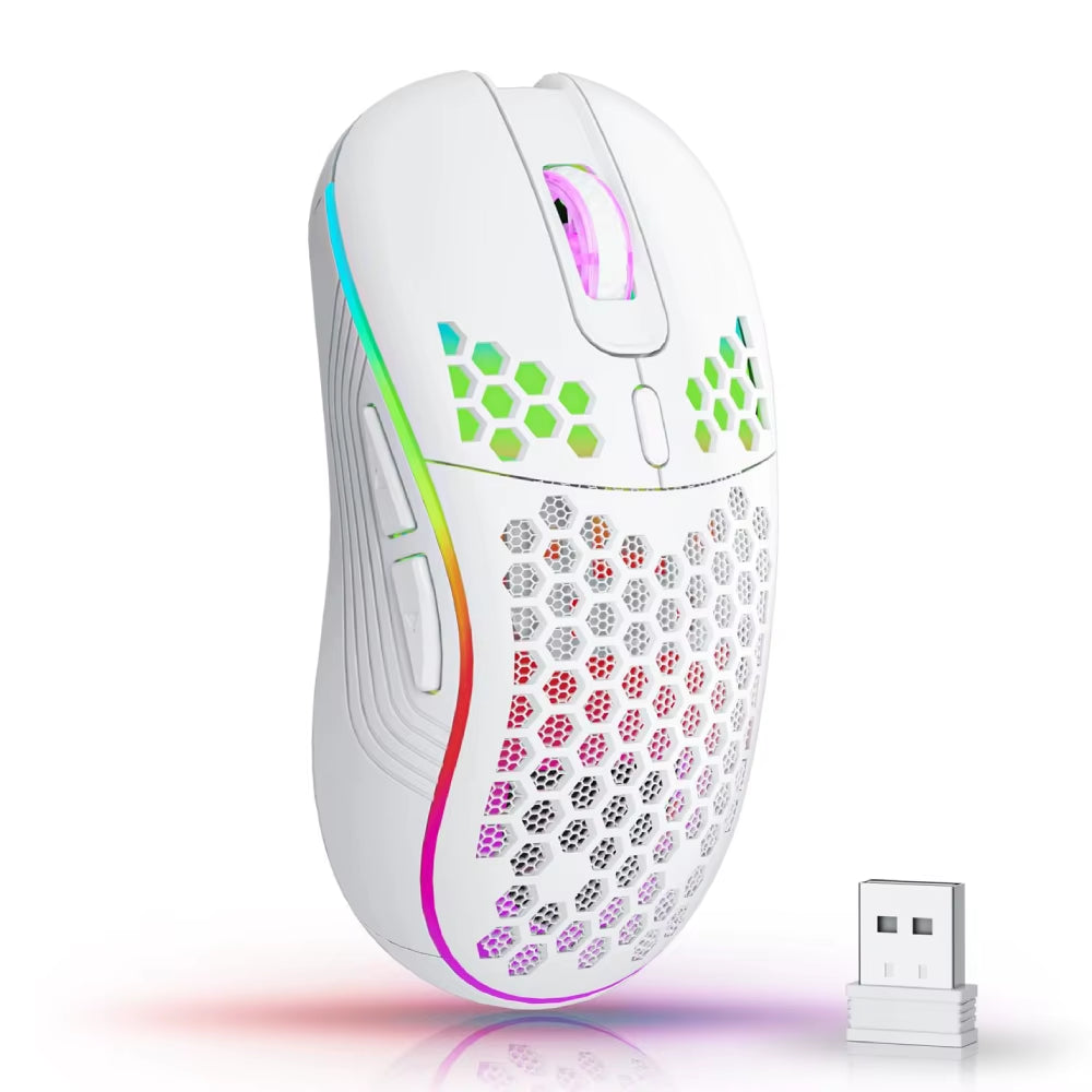 Wireless RGB Backlit Gaming Mouse with Ergonomic Honeycomb Design, 6 Buttons, 3-Speed DPI, and Type C Rechargeable Connectivity