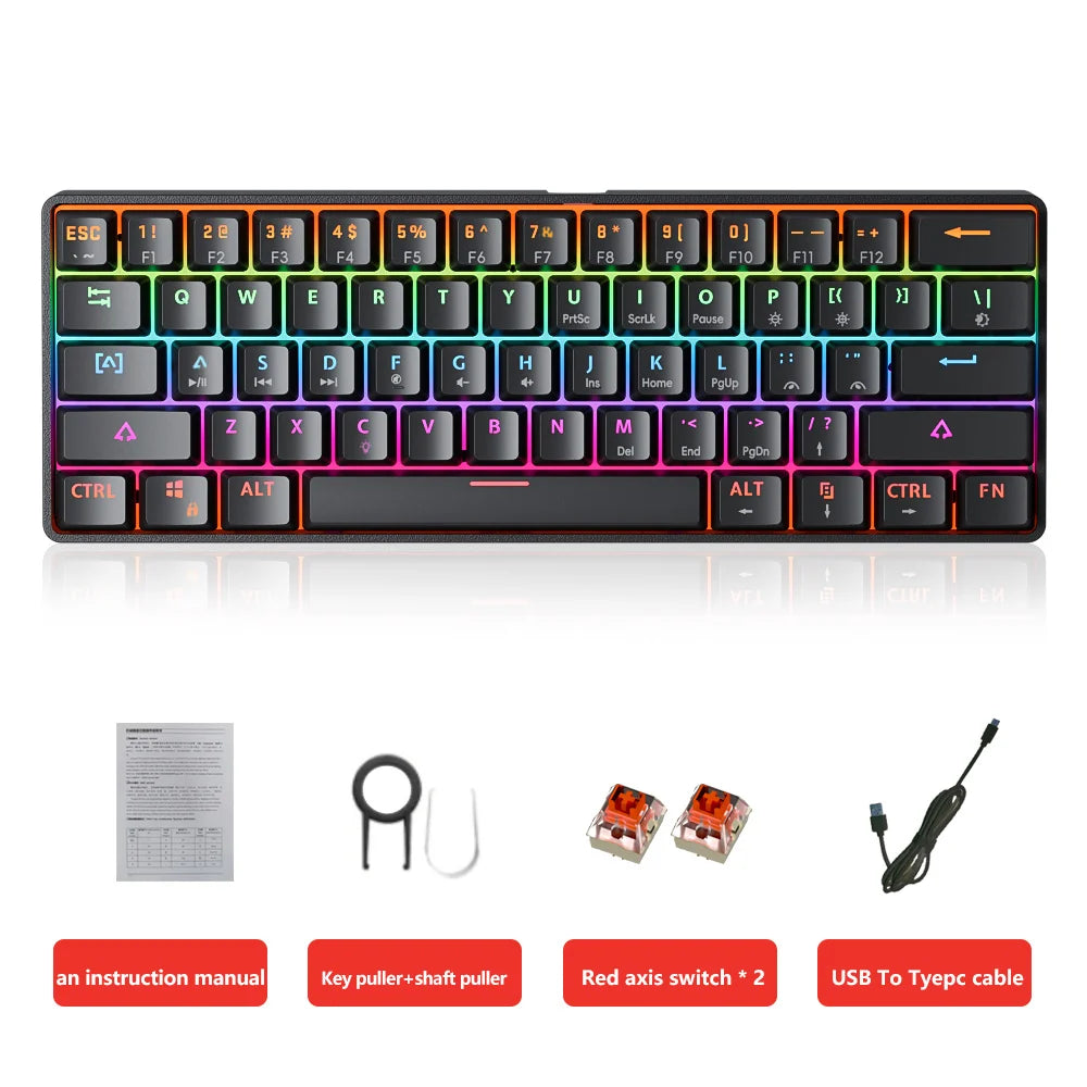 MK61 USB Gaming Esports Mechanical Keyboard 61 Key Red Axis Wired Detachable Cable RGB Backlight Hot Swap