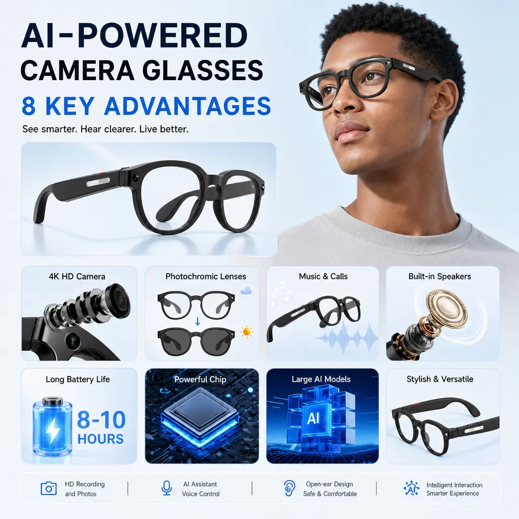 Sightflow Smart AI Camera Glasses with 8MP Photochromic UV Protection Lenses, Real-Time Translation in 160+ Languages, Bluetooth Audio, Hands-Free Photo and Video Capture, Touch Control, Ideal for Travel and Outdoor Use, Compatible with iOS and Android