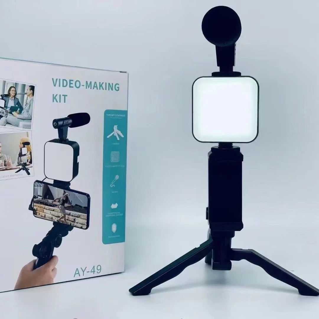 Smartphone Vlogging Kit with Tripod Phone Holder Mini Microphone Fill Light Starter Handle Portable Stabilizer Bracket