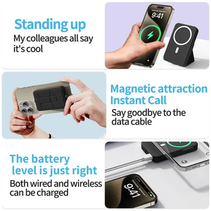 Magnetic 10,000mAh Wireless Power Bank with USB-C Cable, LED Display, and Foldable Design for iPhone 17/16/15/14/13/12/Pro/Pro Max - Compact Silicone Black