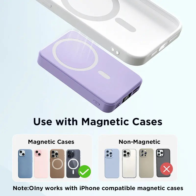 Magnetic 10,000mAh Wireless Power Bank with USB-C Cable, LED Display, and Foldable Design for iPhone 17/16/15/14/13/12/Pro/Pro Max - Compact Silicone Black