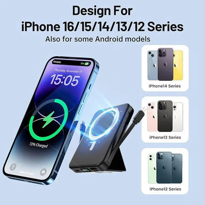 10000Mah Magsafe Magnetic Power Bank with Built-In Cables & Phone Stand｜22.5W PD Fast Charge LED Display Portable Charger for Iphone 12-17 Android Hands Free Wireless Charging Gift Smartphone Chargeable