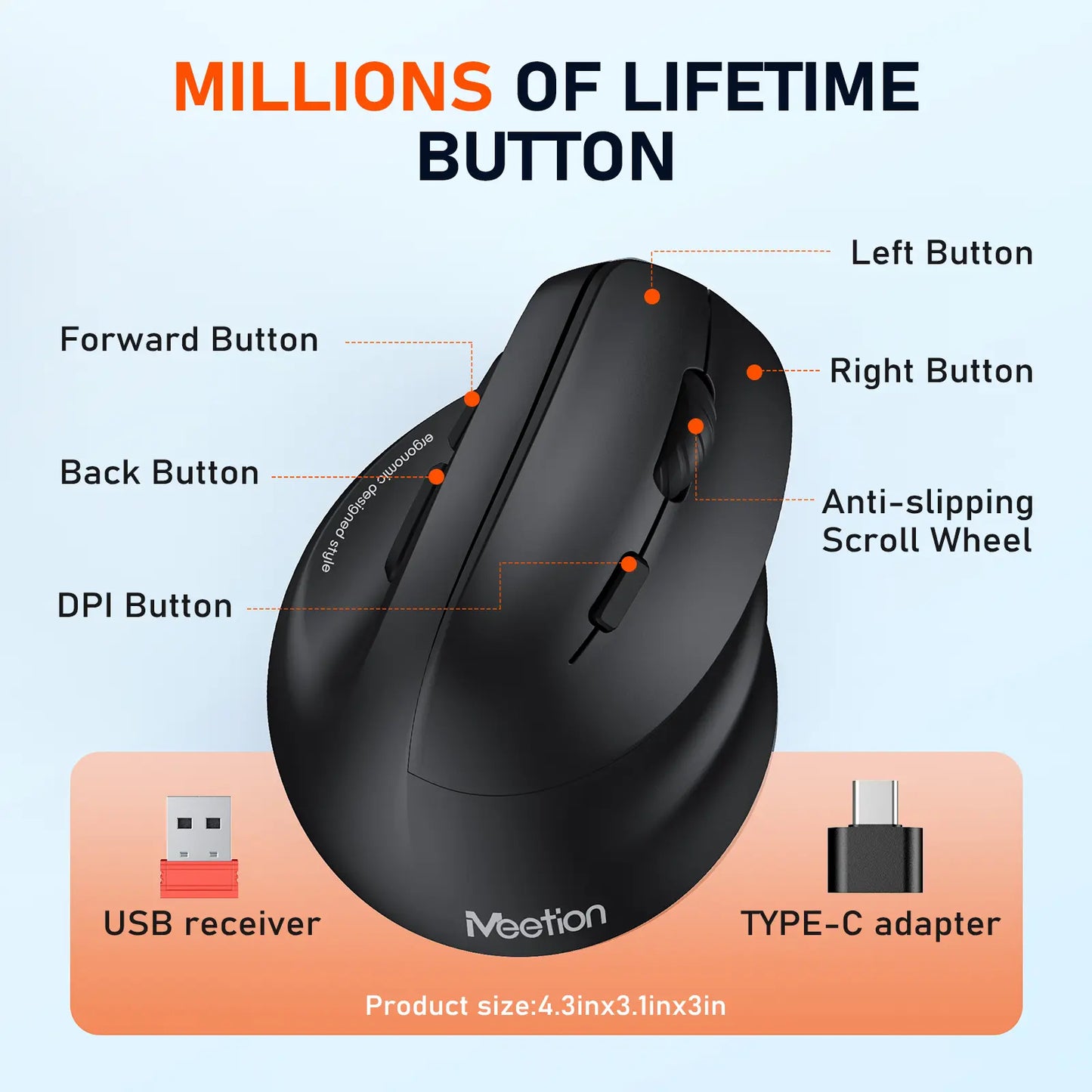 MEETION Ergonomic Mouse, Wireless Vertical Mouse RGB Backlit Rechargeable Mice for Bluetooth(5.2 + 3.0) & USB-A with USB-C Adapter 4 Adjustable DPI for Mac/Windows/Andriod/Pc/Tablet/Ipad