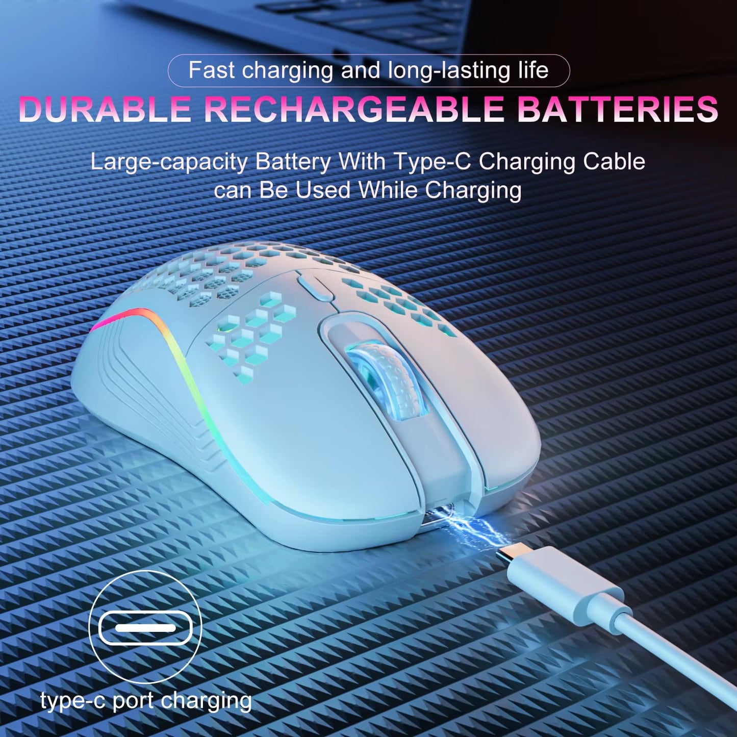 Wireless RGB Backlit Gaming Mouse with Ergonomic Honeycomb Design, 6 Buttons, 3-Speed DPI, and Type C Rechargeable Connectivity