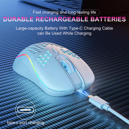 Wireless RGB Backlit Gaming Mouse with Ergonomic Honeycomb Design, 6 Buttons, 3-Speed DPI, and Type C Rechargeable Connectivity