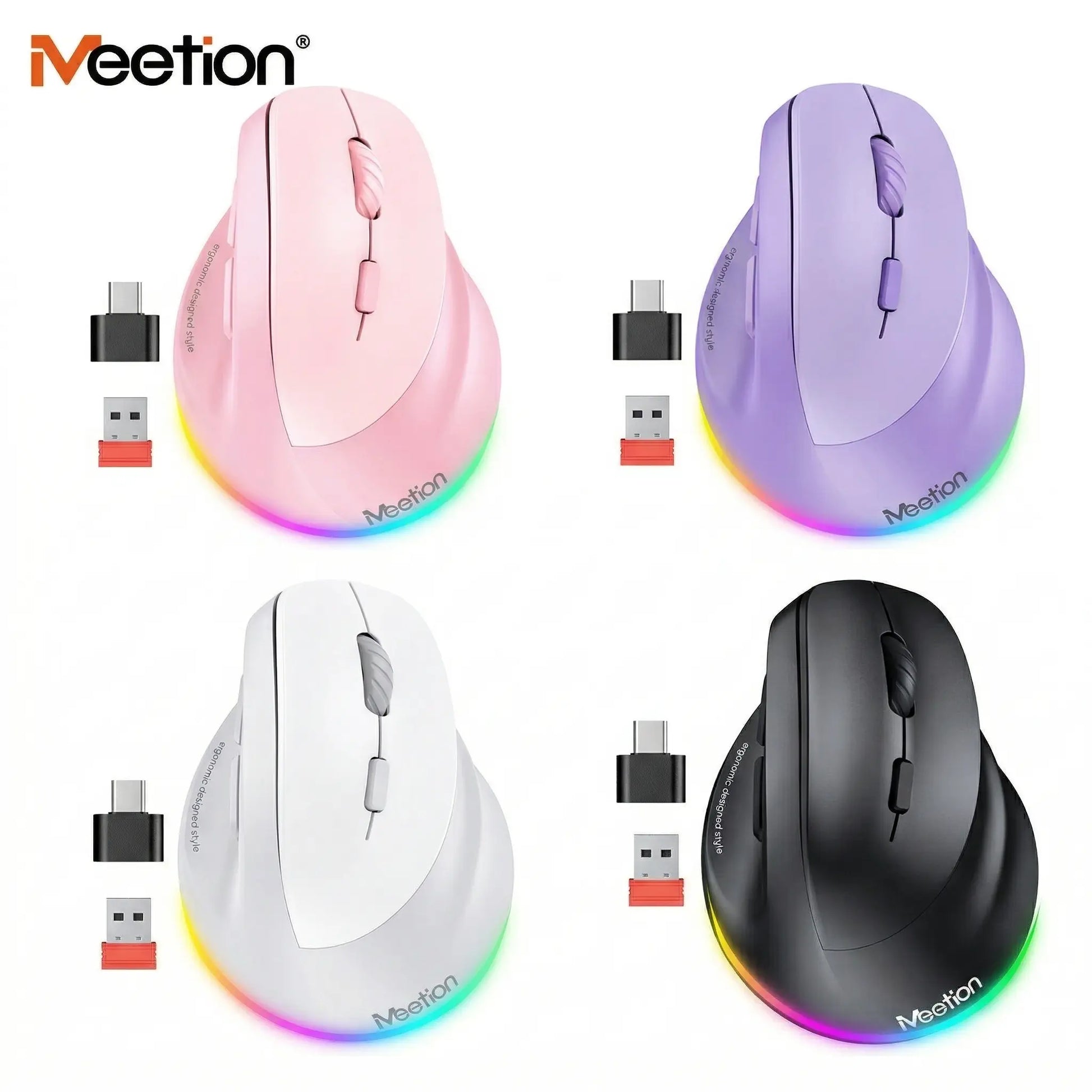 MEETION Ergonomic Mouse, Wireless Vertical Mouse RGB Backlit Rechargeable Mice for Bluetooth(5.2 + 3.0) & USB-A with USB-C Adapter 4 Adjustable DPI for Mac/Windows/Andriod/Pc/Tablet/Ipad