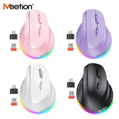 MEETION Ergonomic Mouse, Wireless Vertical Mouse RGB Backlit Rechargeable Mice for Bluetooth(5.2 + 3.0) & USB-A with USB-C Adapter 4 Adjustable DPI for Mac/Windows/Andriod/Pc/Tablet/Ipad