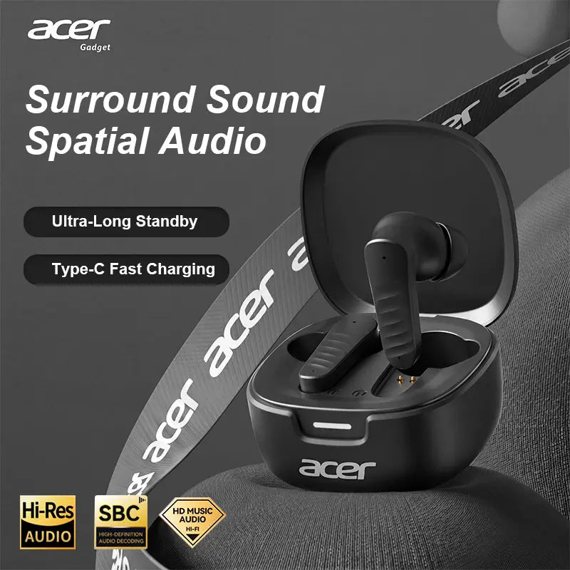 Acer Premium Wireless Earbuds, Spatial Audio with Surround Sound, Long Battery Life, Smart Call Noise Cancellation, Low Latency for Gaming/Tv, Type-C Fast Charging, Earbuds Wireless Headphones Bluetooth Audifonos Bluetooth Sync Game Headset Headphone