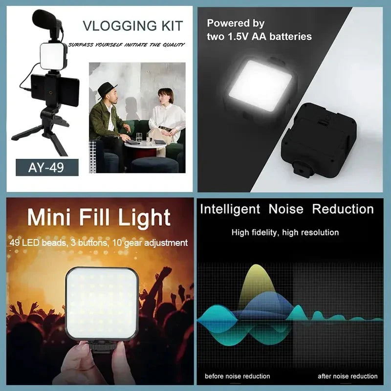 Smartphone Vlogging Kit with Tripod Phone Holder Mini Microphone Fill Light Starter Handle Portable Stabilizer Bracket
