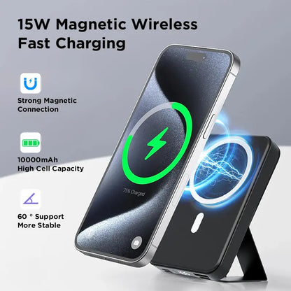 Magnetic 10,000mAh Wireless Power Bank with USB-C Cable, LED Display, and Foldable Design for iPhone 17/16/15/14/13/12/Pro/Pro Max - Compact Silicone Black